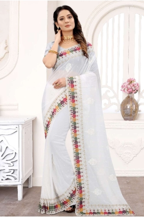 sari en georgette brodé en blanc SR21908