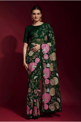 georgette sari brodé en vert SR22344
