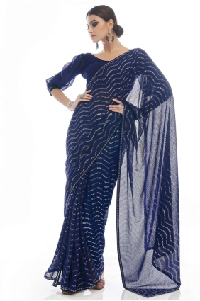 fil, georgette brodée robe de fête saris en bleu marine SR22451