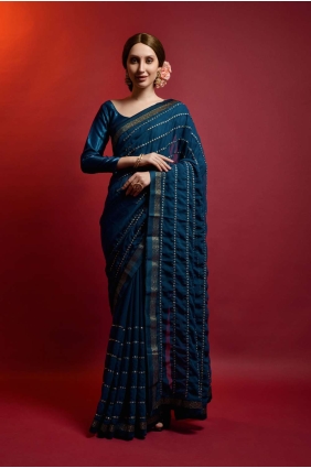 sari en georgette avec miroir, brodé en bleu sarcelle SR22522