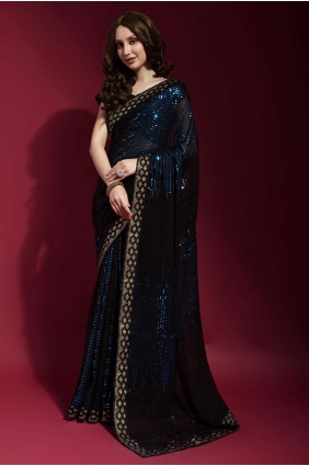 sari de soirée brodé en georgette bleu sarcelle SR22527