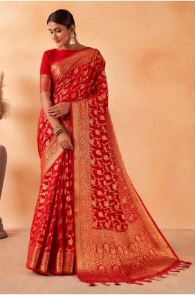 sari en georgette rouge avec tissage SR22787