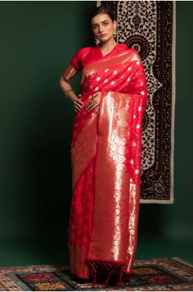 silk coral sari in weaving SR23260