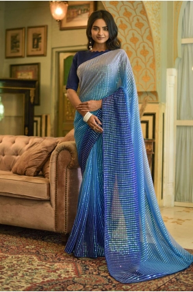 sari brodé bleu en georgette SR23270
