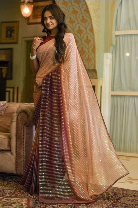 sari en georgette marron avec broderie SR23271