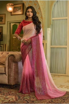 sari rose en georgette brodé avec chemisier SR23272