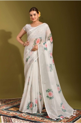 Saris de lin blanc avec imprimé SR23421