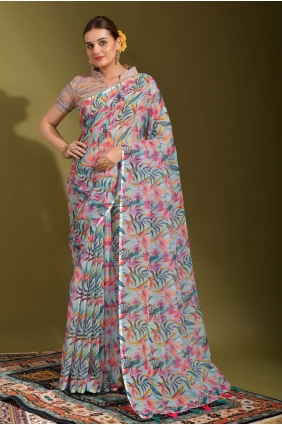 sari en lin multicolore avec imprimé SR23431