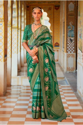 sari en soie verte avec imprimé, tissage SR23490