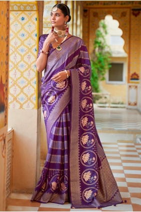 violet imprimé, tissage sari de soie SR23491