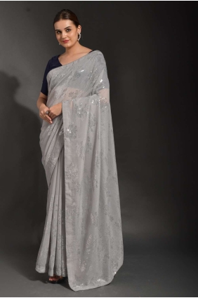 sari gris avec georgette brodée SR23546