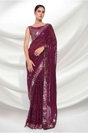 sari en georgette brodé de couleur vin avec chemisier SR24304