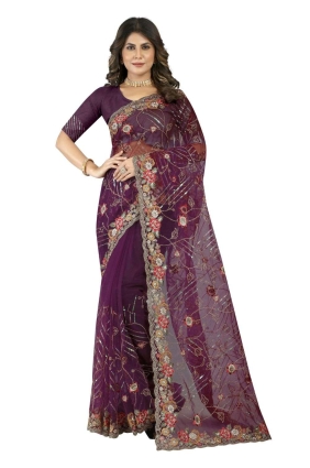sari de mariage en filet brodé de vin SR25034