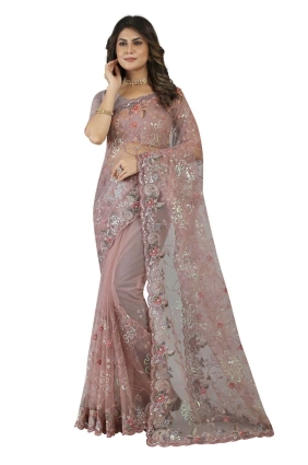 sari de mariage brodé lavande poussiéreuse en filet SR25036
