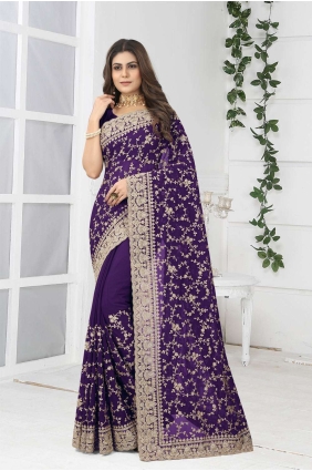 georgette party wear sari en violet avec broderie SR24417
