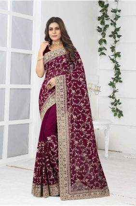 tenue de soirée vin saree avec georgette brodée SR24418